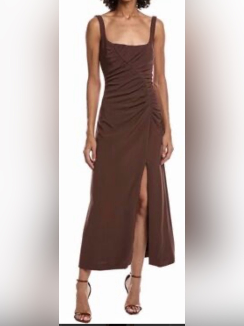 Brown Ruched Midi Dress with Front Slit